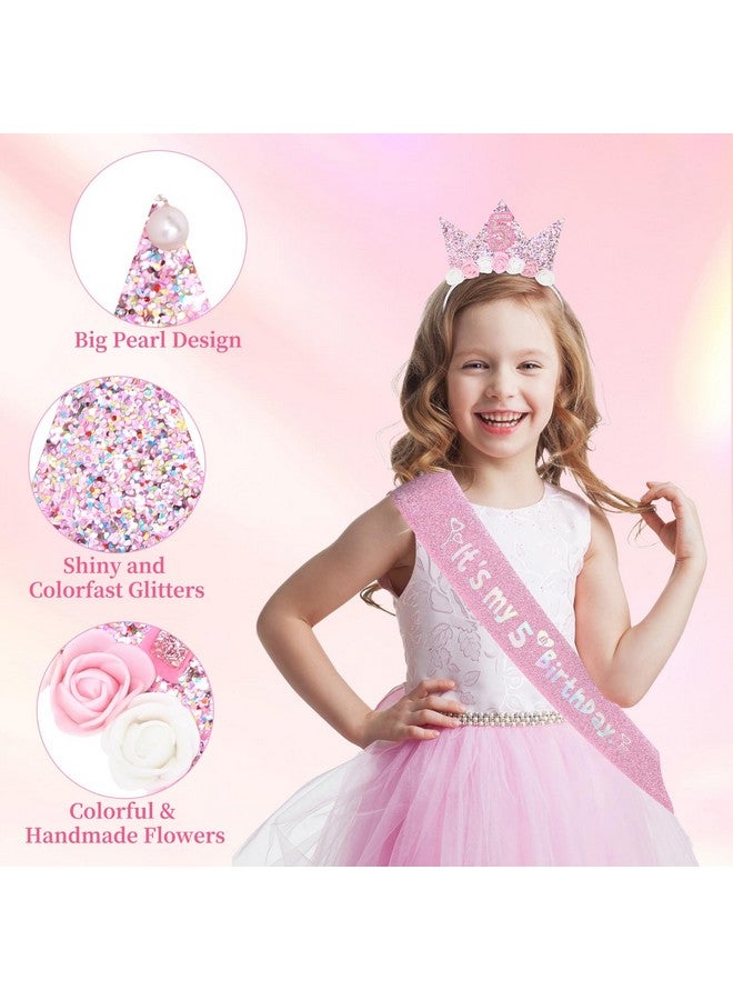 YARIEW 5th Birthday Decorations for Girls, 5th Birthday Headband and Glitter Birthday Sash Kit, Birthday Tiara Flower Princess Crown Headband It's My 5th Birthday Sash Birthday Girl Outfit - Image 3