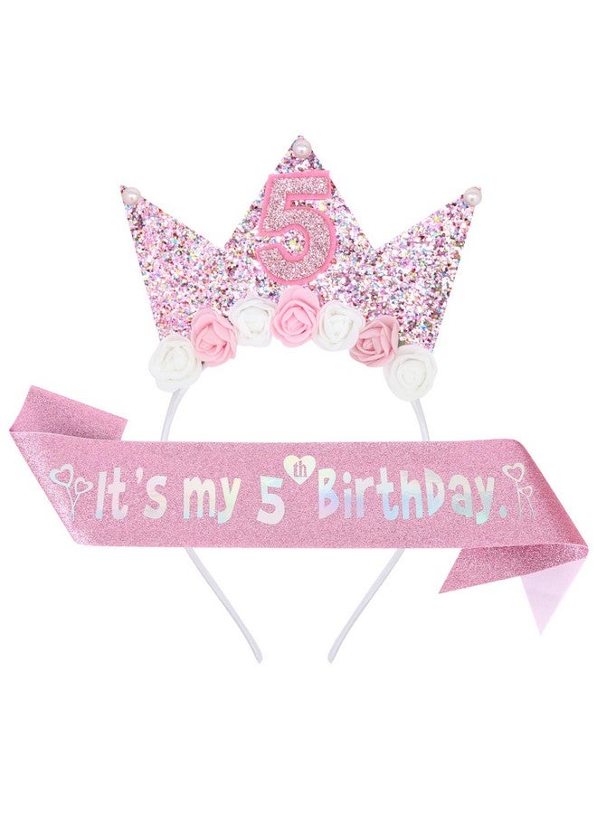 YARIEW 5th Birthday Decorations for Girls, 5th Birthday Headband and Glitter Birthday Sash Kit, Birthday Tiara Flower Princess Crown Headband It's My 5th Birthday Sash Birthday Girl Outfit - Image 1
