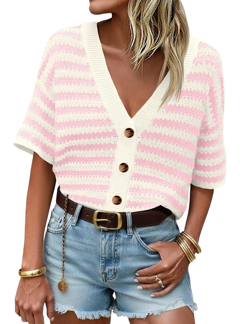 Saodimallsu Womens Short Sleeve Striped Cardigan Sweaters Crochet Knit Button Down Shirts V Neck Spring Summer Tops Pink - Image 1