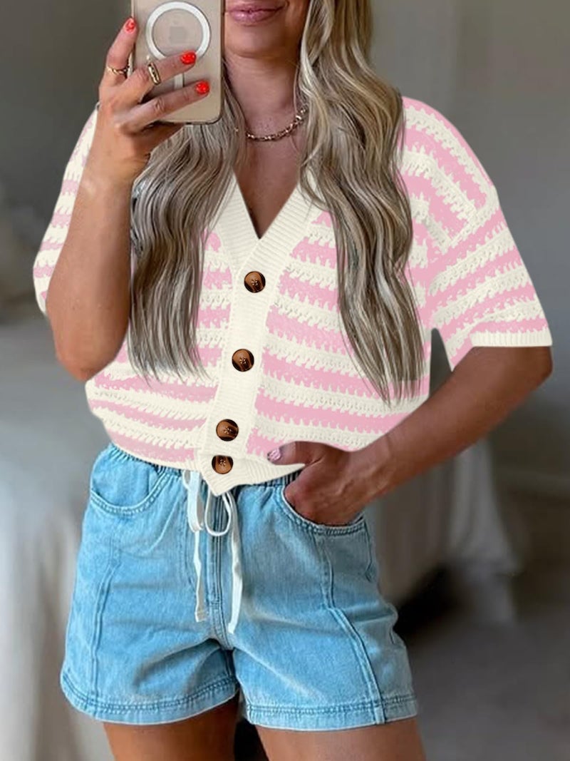 Saodimallsu Womens Short Sleeve Striped Cardigan Sweaters Crochet Knit Button Down Shirts V Neck Spring Summer Tops Pink - Image 2