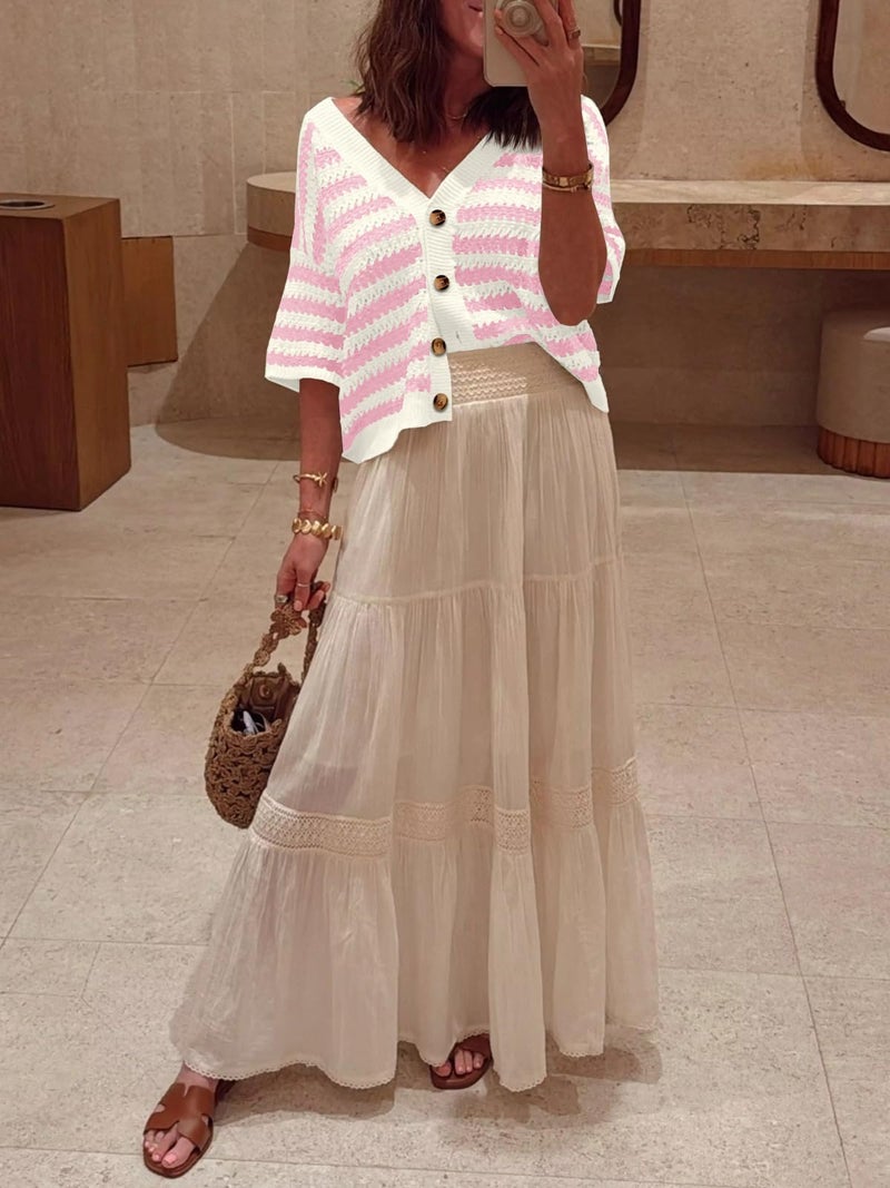 Saodimallsu Womens Short Sleeve Striped Cardigan Sweaters Crochet Knit Button Down Shirts V Neck Spring Summer Tops Pink - Image 4
