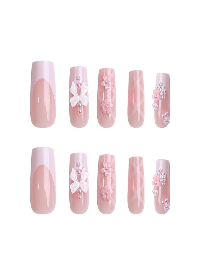 SEMATA Pink French Tip Press on Nails Medium Long Square Acrylic Fake Nails Press Ons with Glue 3D Flower Bow Stick on Nail for Women Pearls Artificial Glue on False Nail with Designs 12 Sizes - Image 5