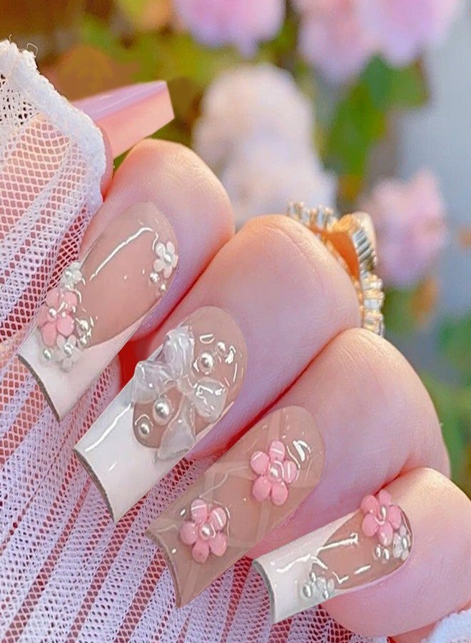 SEMATA Pink French Tip Press on Nails Medium Long Square Acrylic Fake Nails Press Ons with Glue 3D Flower Bow Stick on Nail for Women Pearls Artificial Glue on False Nail with Designs 12 Sizes - Image 2