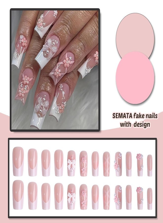 SEMATA Pink French Tip Press on Nails Medium Long Square Acrylic Fake Nails Press Ons with Glue 3D Flower Bow Stick on Nail for Women Pearls Artificial Glue on False Nail with Designs 12 Sizes - Image 4