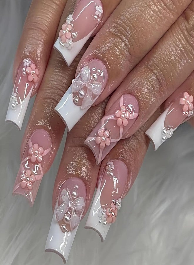 SEMATA Pink French Tip Press on Nails Medium Long Square Acrylic Fake Nails Press Ons with Glue 3D Flower Bow Stick on Nail for Women Pearls Artificial Glue on False Nail with Designs 12 Sizes - Image 1