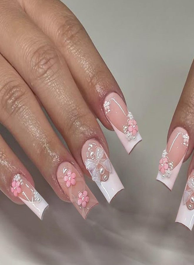 SEMATA Pink French Tip Press on Nails Medium Long Square Acrylic Fake Nails Press Ons with Glue 3D Flower Bow Stick on Nail for Women Pearls Artificial Glue on False Nail with Designs 12 Sizes - Image 3
