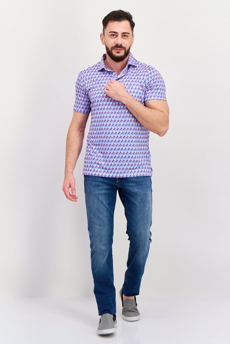 Tailorbyrd Men Regular Fit Short Sleeve All Over Printed Polo Shirt, Blue - Image 3