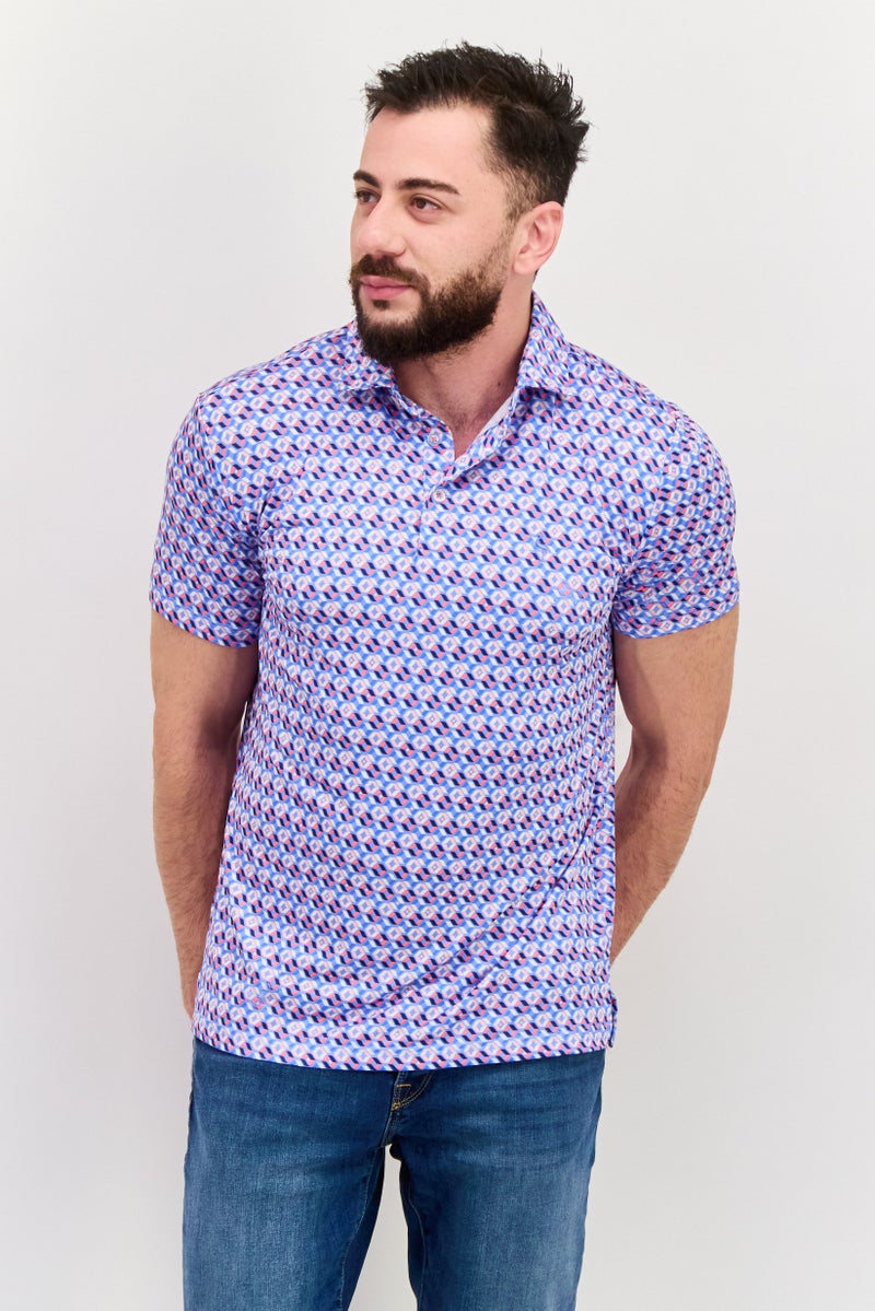 Tailorbyrd Men Regular Fit Short Sleeve All Over Printed Polo Shirt, Blue - Image 1