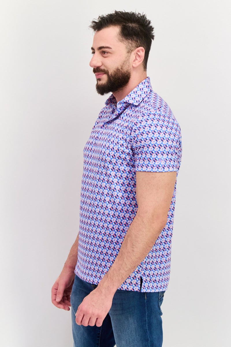 Tailorbyrd Men Regular Fit Short Sleeve All Over Printed Polo Shirt, Blue - Image 4