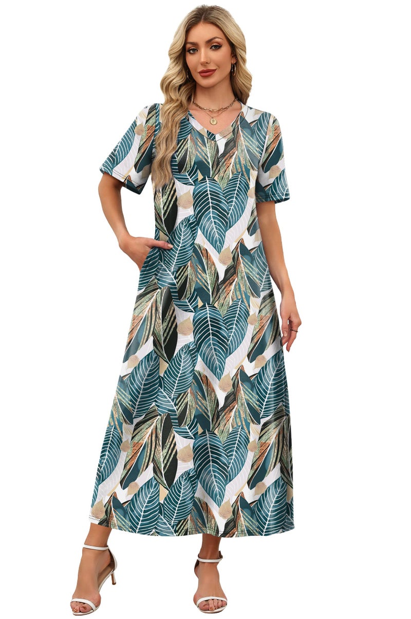 WIHOLL Beach Dresses for Women 2026 Flowy V Neck Maxi Cute Dress Half Sleeve Sundresses with Pockets S - Image 3