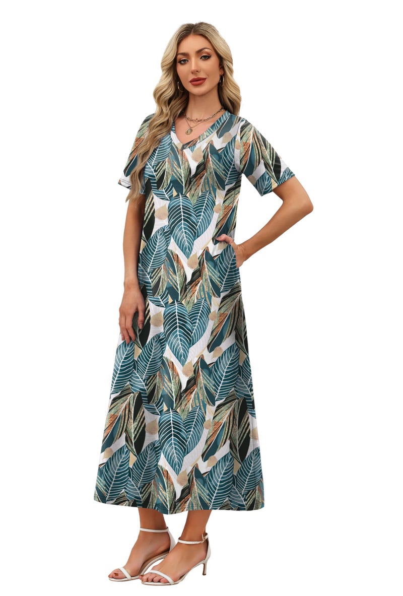 WIHOLL Beach Dresses for Women 2026 Flowy V Neck Maxi Cute Dress Half Sleeve Sundresses with Pockets S - Image 4