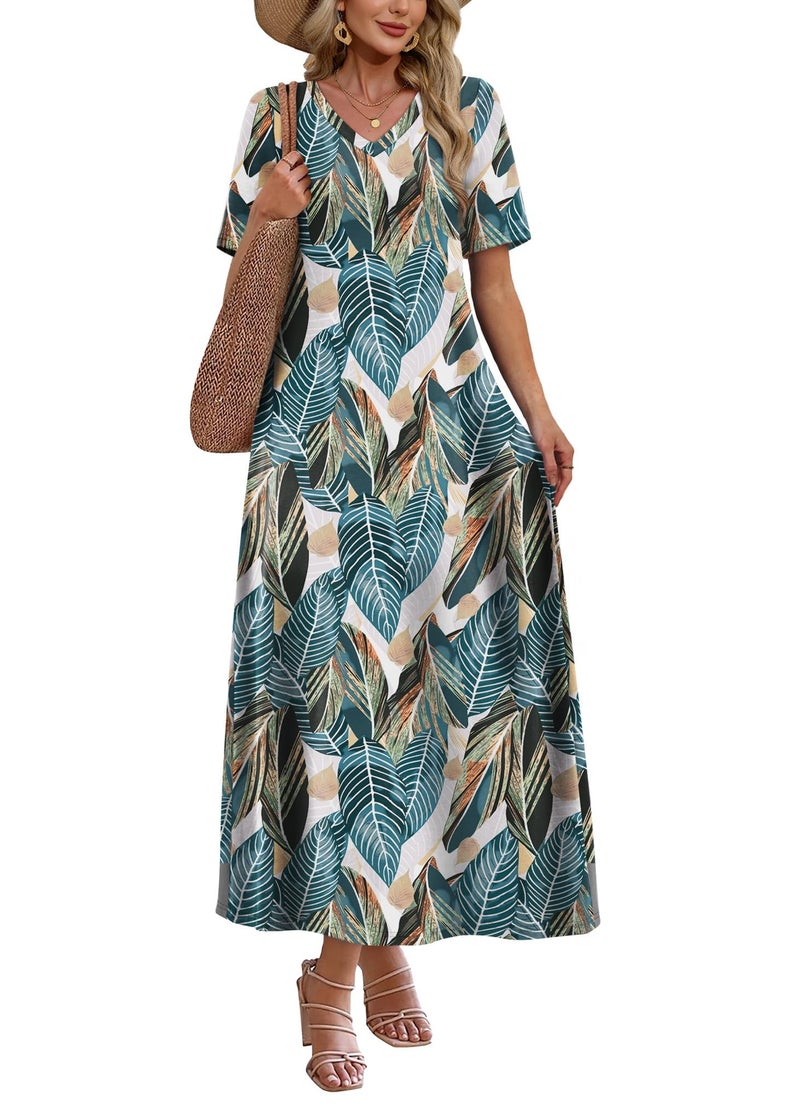 WIHOLL Beach Dresses for Women 2026 Flowy V Neck Maxi Cute Dress Half Sleeve Sundresses with Pockets S - Image 2