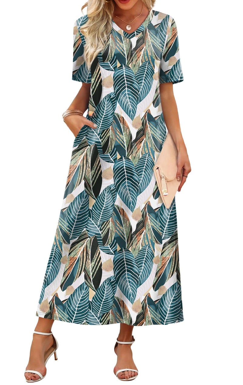 WIHOLL Beach Dresses for Women 2026 Flowy V Neck Maxi Cute Dress Half Sleeve Sundresses with Pockets S - Image 1
