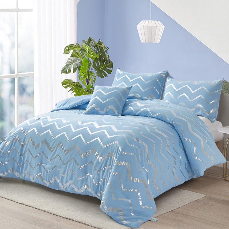 Menghomeus BlueSilver Comforter Set QueenFull Size Metallic Print Glitter Bed Comforter Cute Shinny Bedding for Teen Girls Kids Women 4 Piece 2 Pillowcases 1 Decorative Pillow Sham