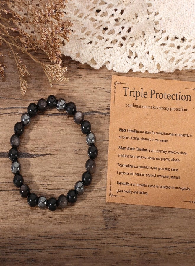 AULSIEY Hematite Black Tourmaline Obsidian Bracelet for Men, Triple Empath Protection Bracelet Gifts for Women, Protection Healing Crystal Bracelets, Evil Eye Jewelry Bracelets Mental Health-8mm - Image 3