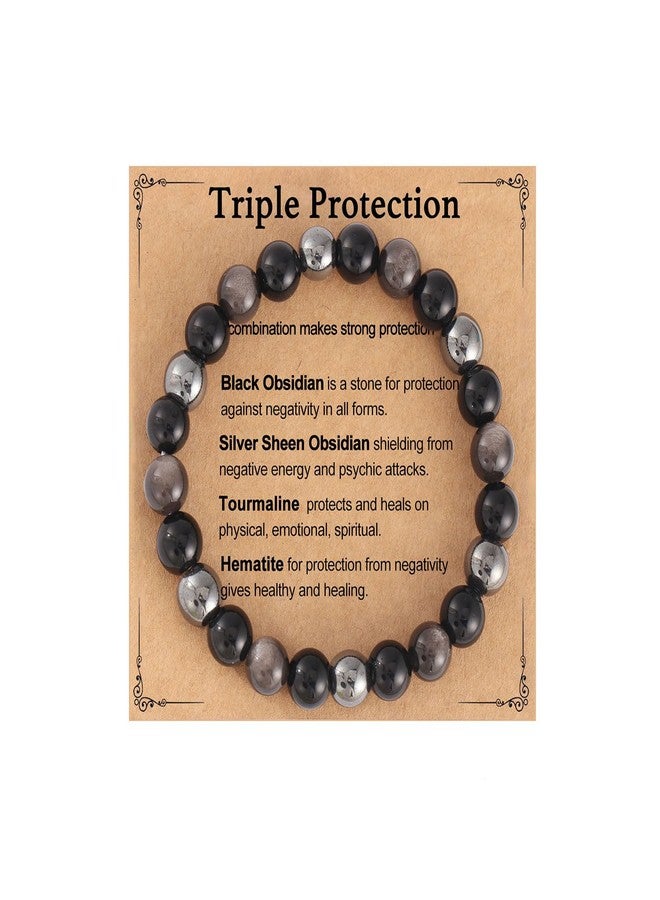 AULSIEY Hematite Black Tourmaline Obsidian Bracelet for Men, Triple Empath Protection Bracelet Gifts for Women, Protection Healing Crystal Bracelets, Evil Eye Jewelry Bracelets Mental Health-8mm - Image 1
