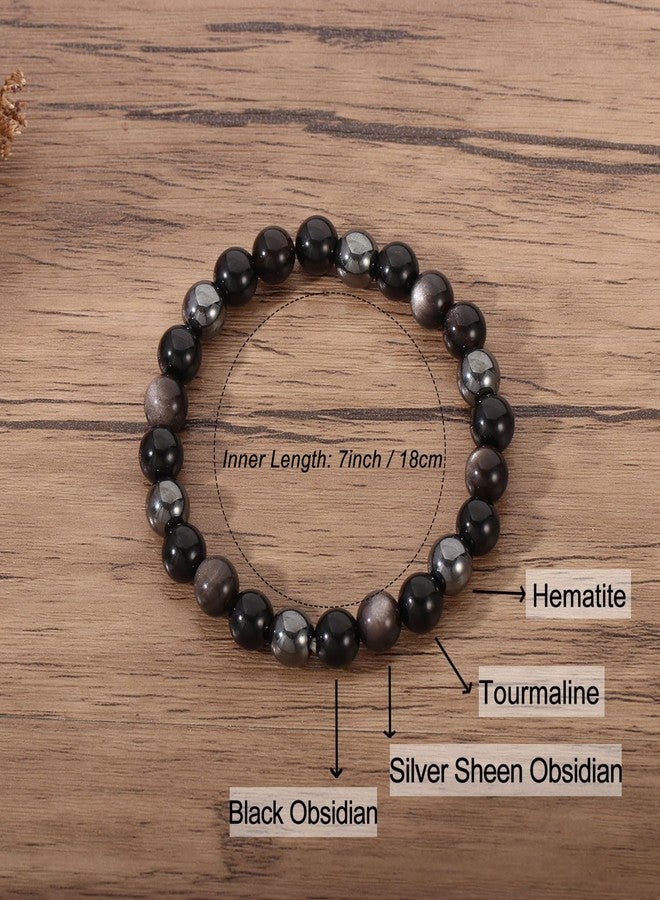 AULSIEY Hematite Black Tourmaline Obsidian Bracelet for Men, Triple Empath Protection Bracelet Gifts for Women, Protection Healing Crystal Bracelets, Evil Eye Jewelry Bracelets Mental Health-8mm - Image 2