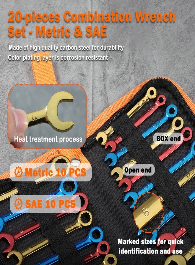 مجموعة مفاتيح ربط صغيرة من LEONTOOL، مترية وقياسية، 20 قطعة، مقاس 4-11 مم و5/32 بوصة إلى 7/16 بوصة، مطلية بالألوان، مفاتيح ربط صغيرة مفتوحة وصندوقية مع حلقة مفاتيح، مجموعة مفاتيح إشعال مع حقيبة بسحاب - Image 2