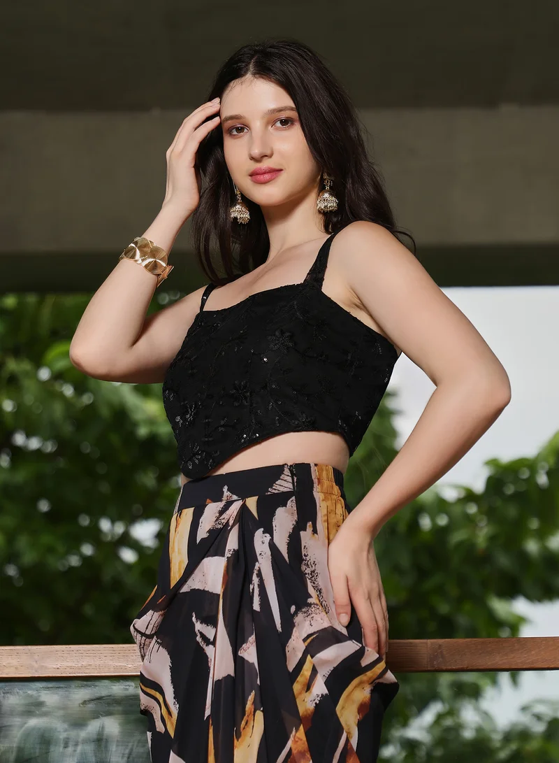 QISSA Women's Midnight Black Abstract-Imprint Corset Co-ord Set For Ethnic Wear | Square Neck, Sleeveless | Solid Embroidered Fabric | 3 Piece Co-Ords Designed For Evening & Party Wear