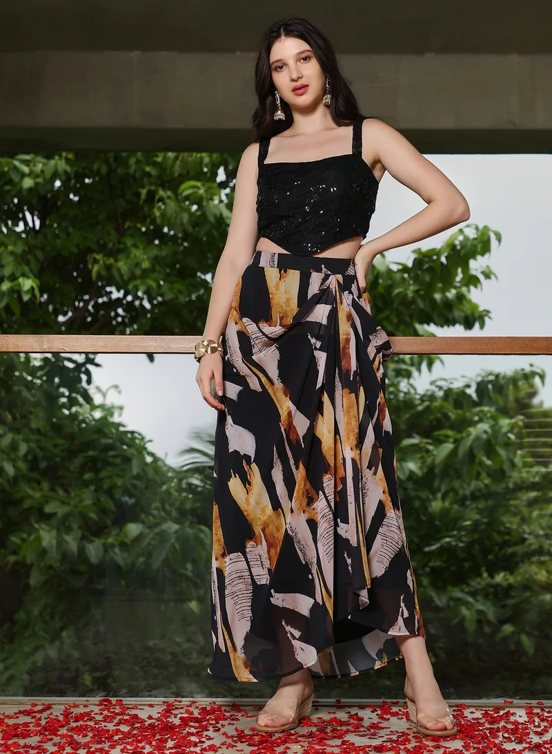 QISSA Women's Midnight Black Abstract-Imprint Corset Co-ord Set For Ethnic Wear | Square Neck, Sleeveless | Solid Embroidered Fabric | 3 Piece Co-Ords Designed For Evening & Party Wear