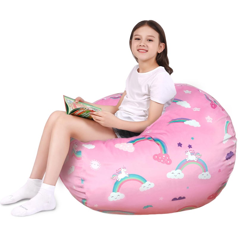 Lukeight Rainbow Unicorns Stuffed Animal Storage Bean Bag Chair Cover Premium Velvet Organizer with YKK Zipper Holds 100 Plush Toys Washable Kids Room Decor No Filling XXLarge