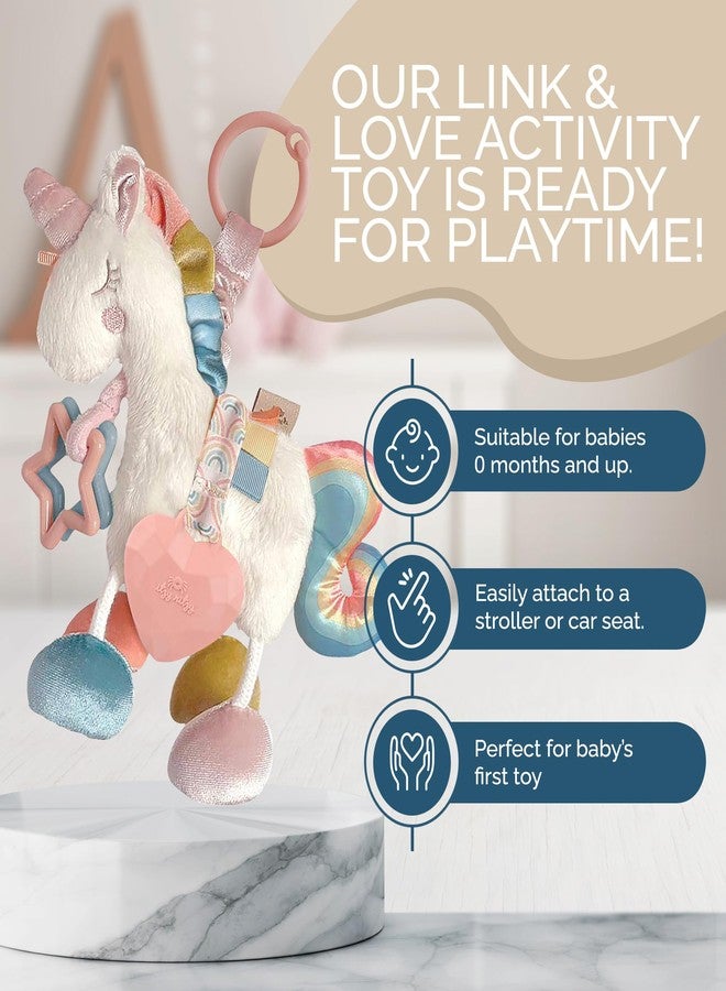 Itzy Ritzy Link & Love Toy for Stroller or Car Seat; Features Textured Ribbons, Crinkle Sounds, Clinking Rings & Silicone Teether; Designed For Ages 0 Months and Up (Unicorn) - Image 5