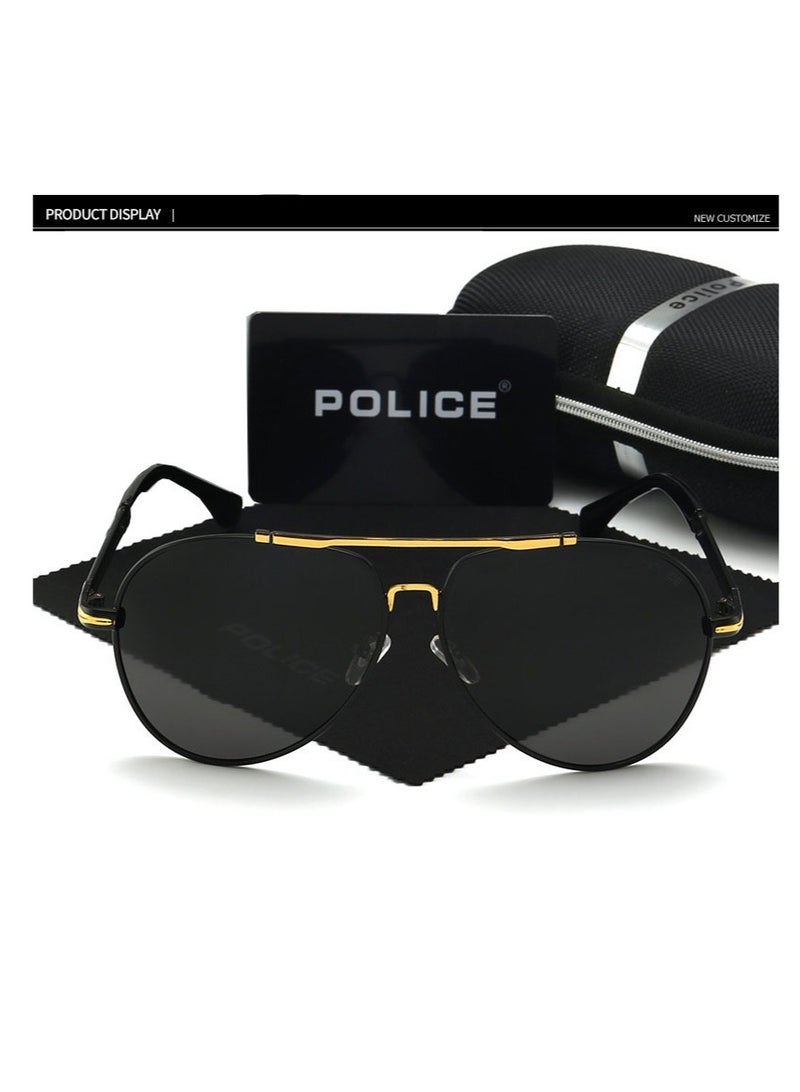 POLICE New Fshion Men's Sun Polarized Glasses Protects You from UV Rays Metal High-end Sunglasses Black Frame Black Gold  - Image 2