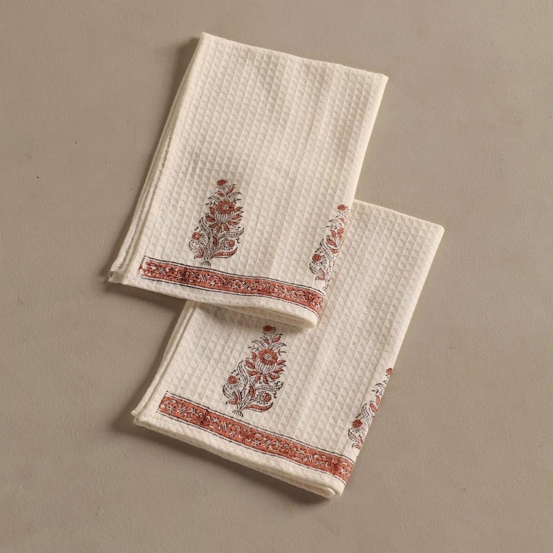 Peepul Tree Pure Cotton Hand Towel Set | Hand Block Printed in Off-White and Peach | Handmade in India - Image 1