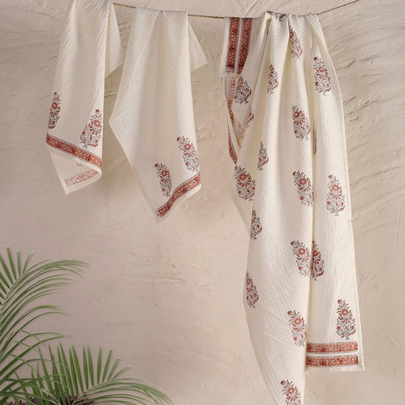 Peepul Tree Pure Cotton Hand Towel Set | Hand Block Printed in Off-White and Peach | Handmade in India - Image 5