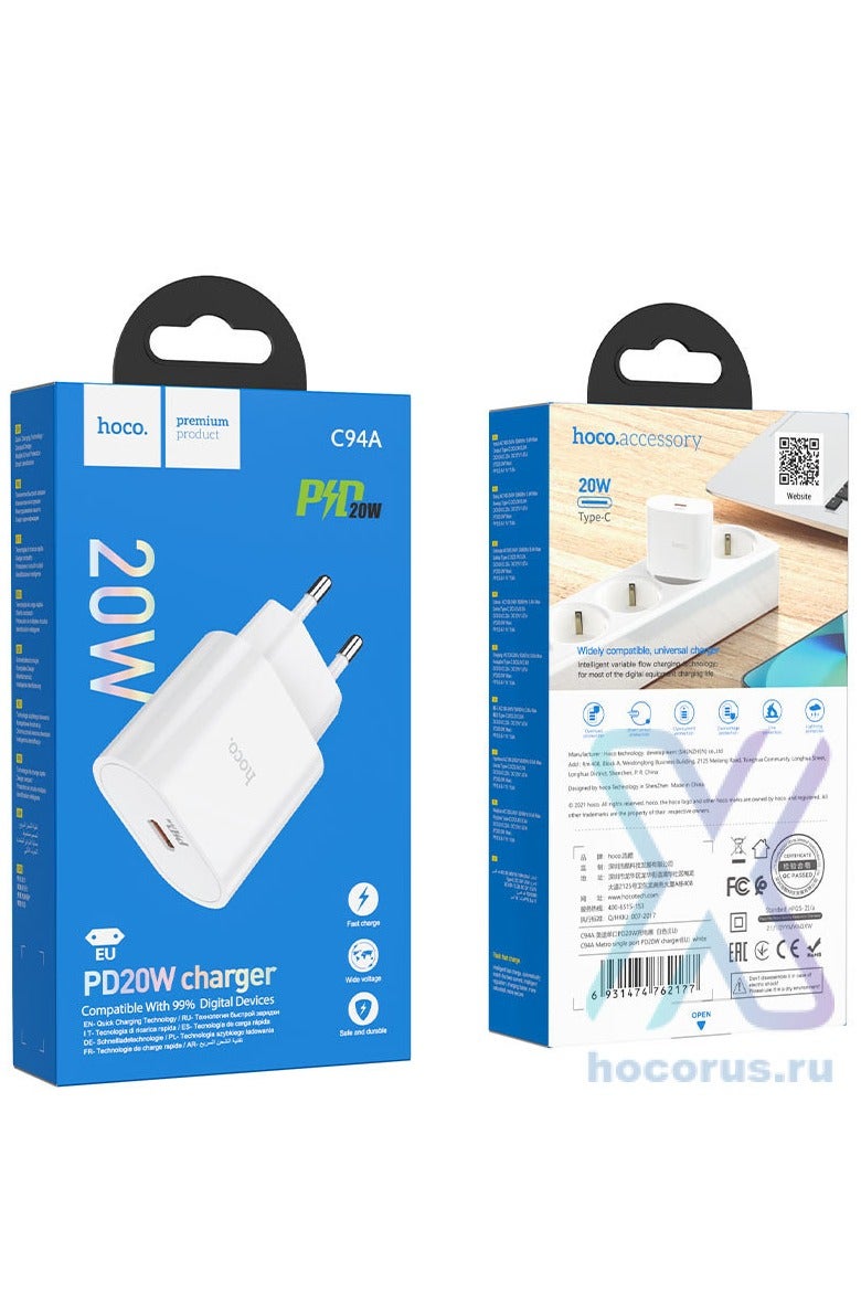 Hoco C94A - Metro Single Port Fast Charger (3A- PD20W), Support PD, PPS, QC3.0, FCP, AFC Fast Charging Protoclols, Compatible with iPhone Samsung Xiaomi Huawei Oppo - White - Image 3