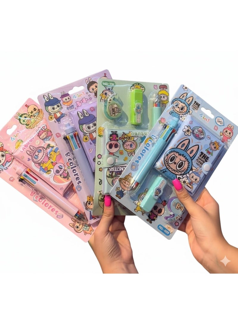 Creative 4-in-1 Kit (Pen 8 colors, Notebook, Highlighter, Corrector Sticker Labubu) - Image 2