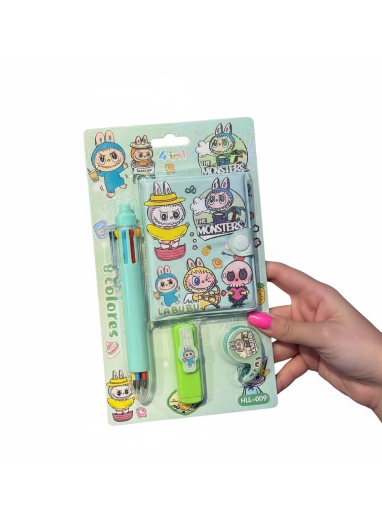 Creative 4-in-1 Kit (Pen 8 colors, Notebook, Highlighter, Corrector Sticker Labubu) - Image 1