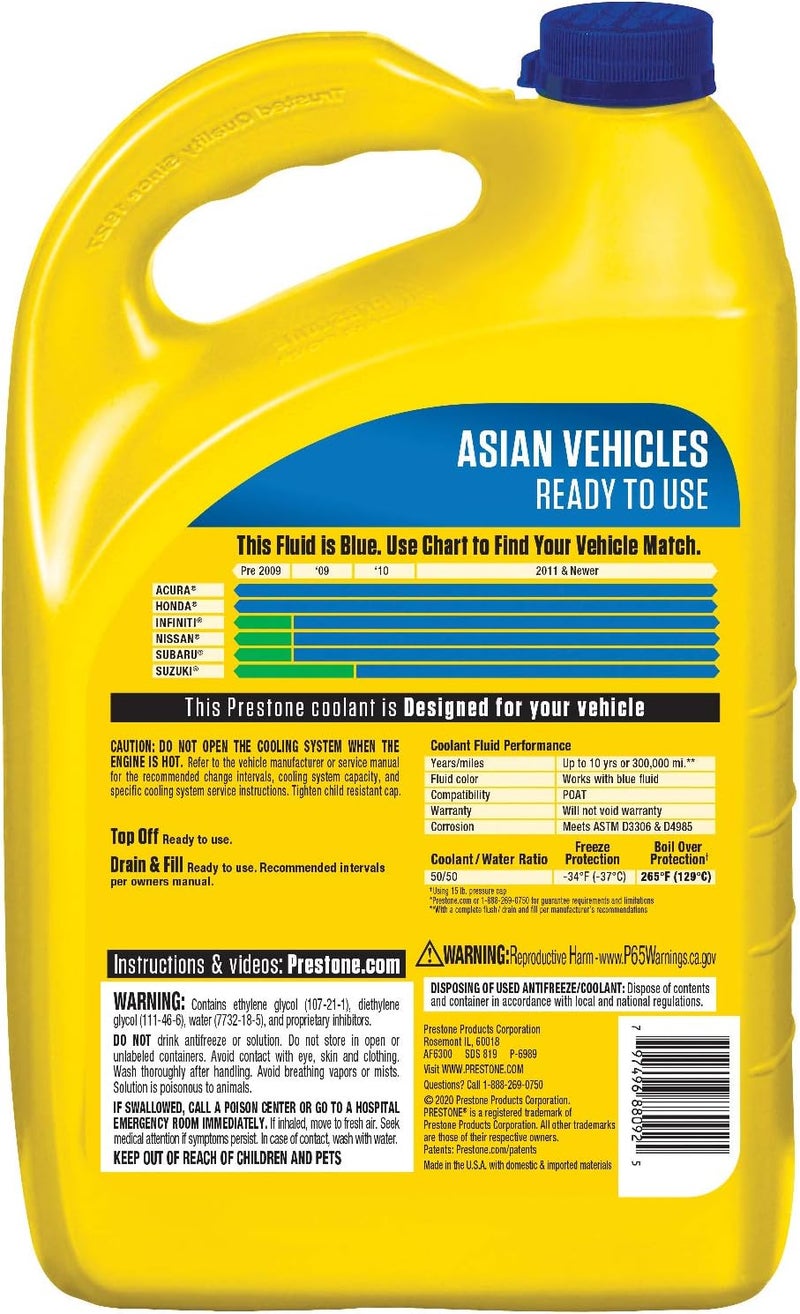 Prestone AF6300-6PK 50/50 Antifreeze/Coolant for Asian Vehicles (Blue), 1 Gallon, (Pack of 6) - Image 1
