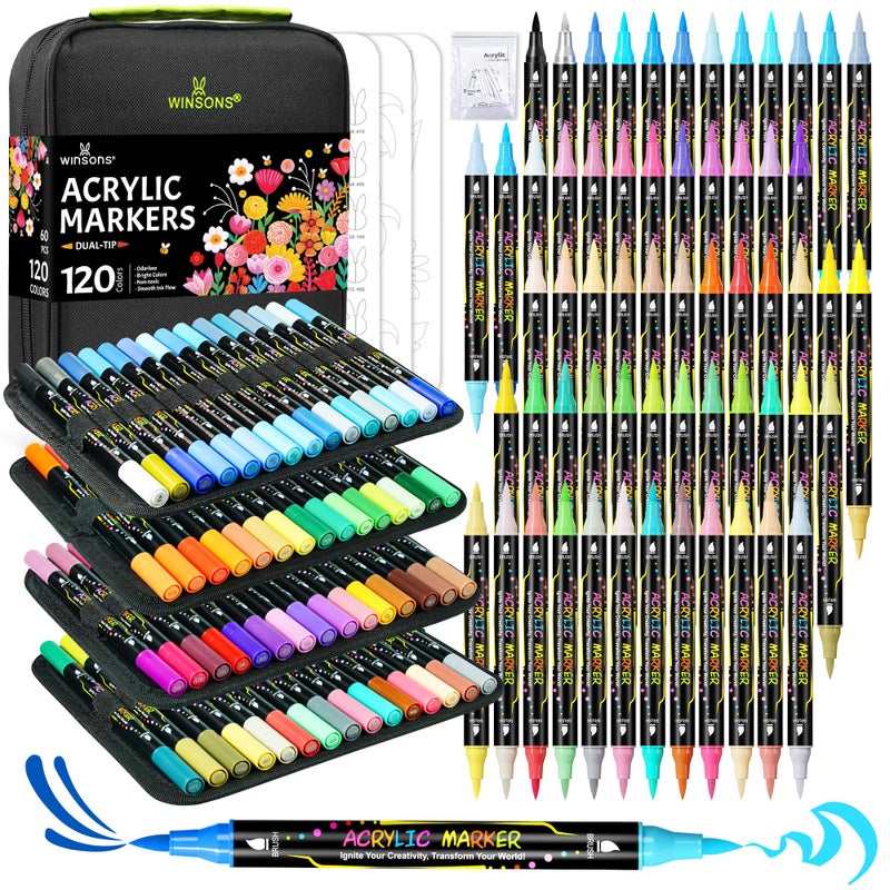 WINSONS 120 Colors Acrylic Paint Markers, Permanent Dual-Tip Acrylic Markers Set, Soft Brush Tip Paint Pens for Rock Painting, Canvas, Glass, Wood, Ceramic, DIY Craft Art Supplies, Set of 60 - Image 1