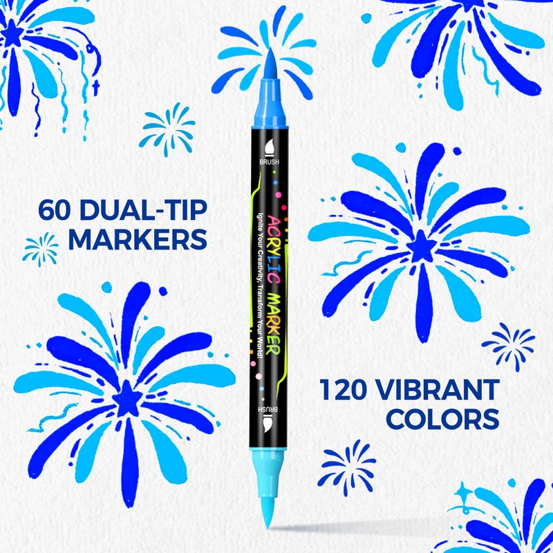 WINSONS 120 Colors Acrylic Paint Markers, Permanent Dual-Tip Acrylic Markers Set, Soft Brush Tip Paint Pens for Rock Painting, Canvas, Glass, Wood, Ceramic, DIY Craft Art Supplies, Set of 60 - Image 5