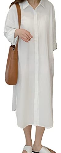 Beralst Shirt Dresses for Women Casual Long Sleeve Solid Color Button Down Maxi Shirt Dress, White, Large - Image 5