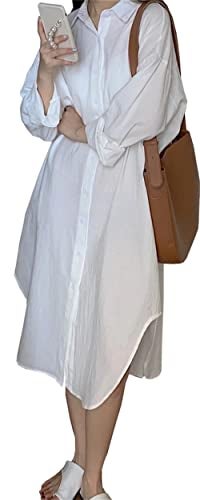 Beralst Shirt Dresses for Women Casual Long Sleeve Solid Color Button Down Maxi Shirt Dress, White, Large - Image 2
