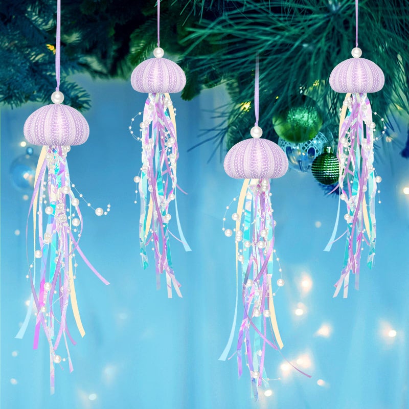 JQAQJU 4 PCS Jellyfish Decor for Mermaid Theme Party Under The Sea Party DecorationsHnadmade Natural Sea Urchin Crafts for Birthday Gift Coastal Christmas Tree Beach Home Decor - Image 2
