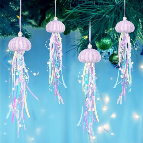 JQAQJU 4 PCS Jellyfish Decor for Mermaid Theme Party Under The Sea Party DecorationsHnadmade Natural Sea Urchin Crafts for Birthday Gift Coastal Christmas Tree Beach Home Decor - Image 1