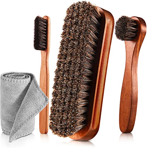 4 Pcs Horsehair Shine Shoes Brush Kit Polish Dauber Applicators Cleaning Leather Shoes Boots Care Brushes Suede Cleaner Brush with Microfiber Shoe Cloth4 Pcs Style A