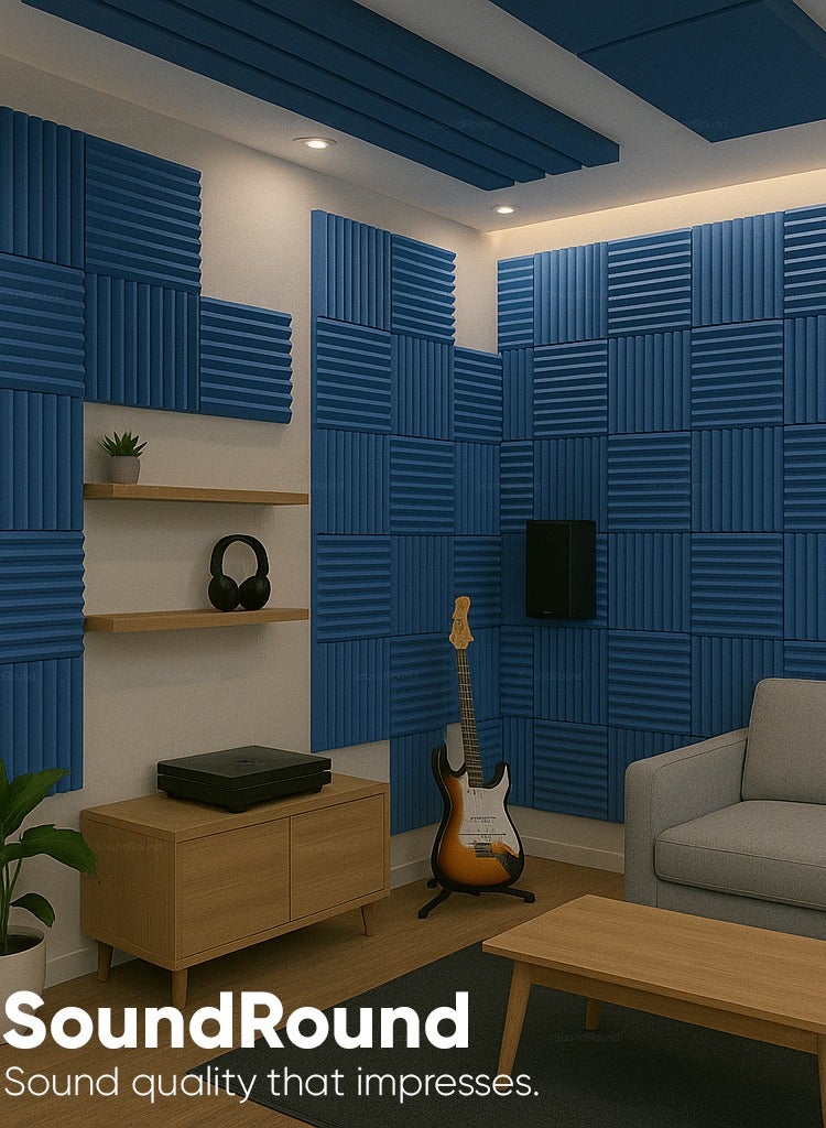 ساوند راوند ألواح الفوم الصوتي SoundRound مقاس 12×12×1 بوصة – عزل صوت احترافي بتصميم مضلع – للتحكم في الصدى ومعالجة السينما المنزلية – ألواح عالية الكثافة – 12 قطعة - لون ازرق - Image 3