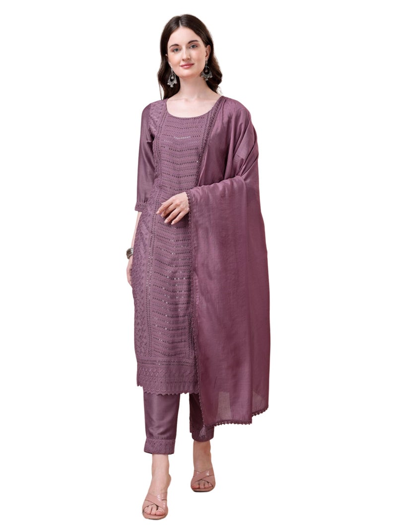SHOPPING QUEEN Women's Silk Chikankari Kurta Pant with Dupatta (A525_Hippie Pink_XL) - Image 1