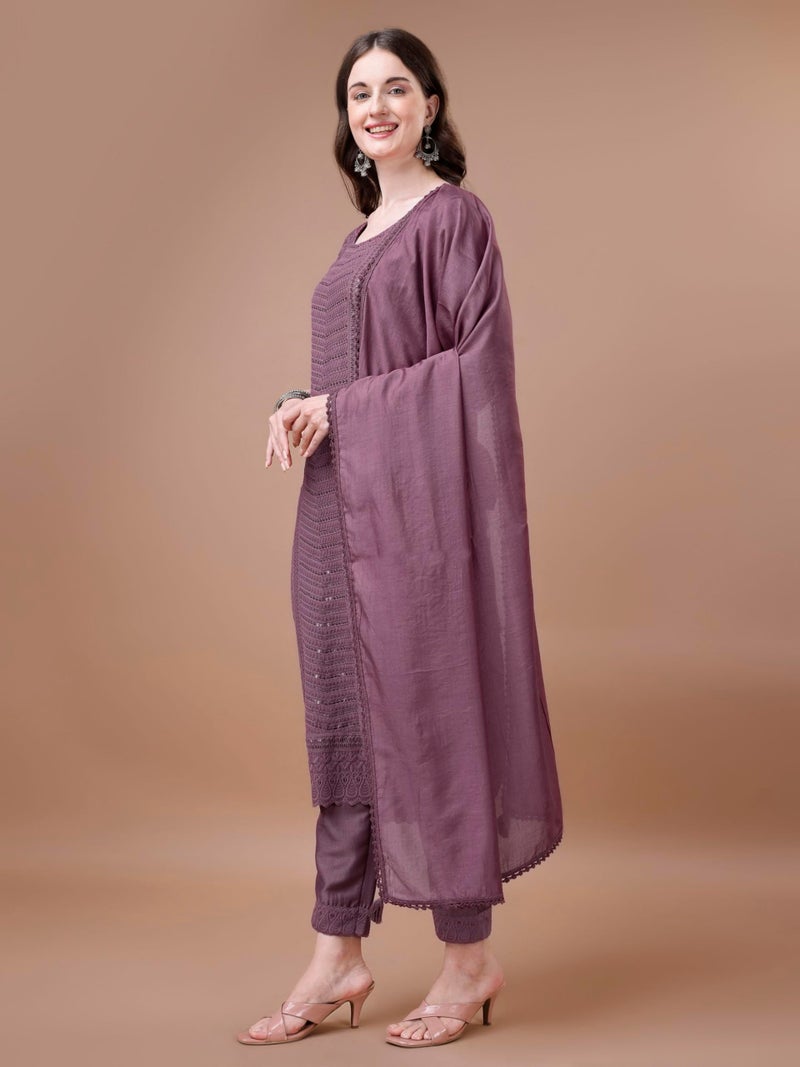 SHOPPING QUEEN Women's Silk Chikankari Kurta Pant with Dupatta (A525_Hippie Pink_XL) - Image 3