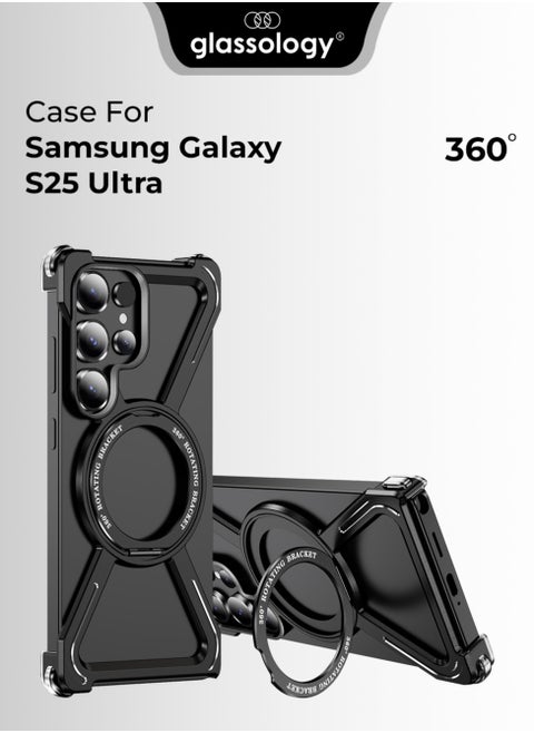 Borderless Aluminum Case for Samsung Galaxy S25 Ultra Titanium Black : Featuring 360° Rotating Adjustable Ring Stand, Magnetic Case, Shockproof Design, and Wireless Charging Compatibility