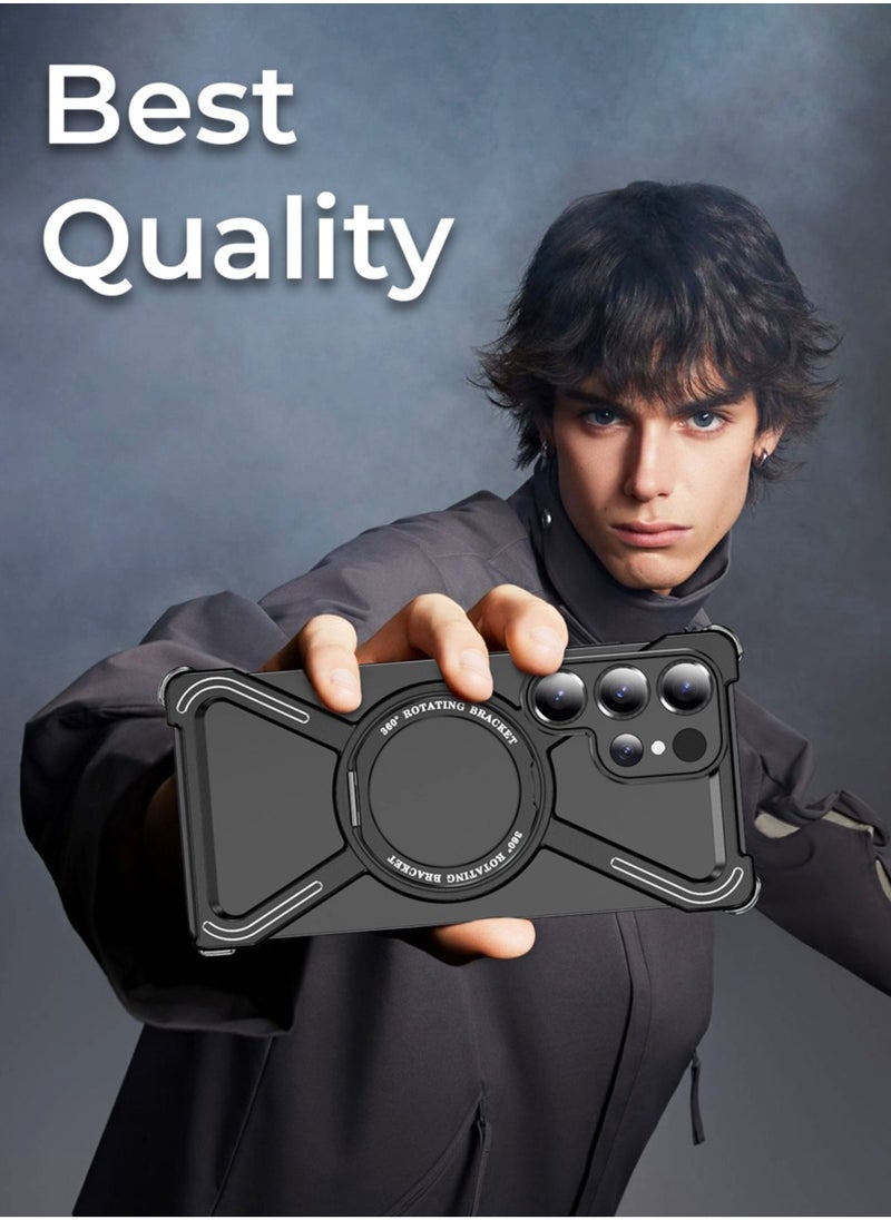 glassology - Borderless Aluminum Case for Samsung Galaxy S25 Ultra Titanium Black : Featuring 360° Rotating Adjustable Ring Stand, Magnetic Case, Shockproof Design, and Wireless Charging Compatibility - Image 1