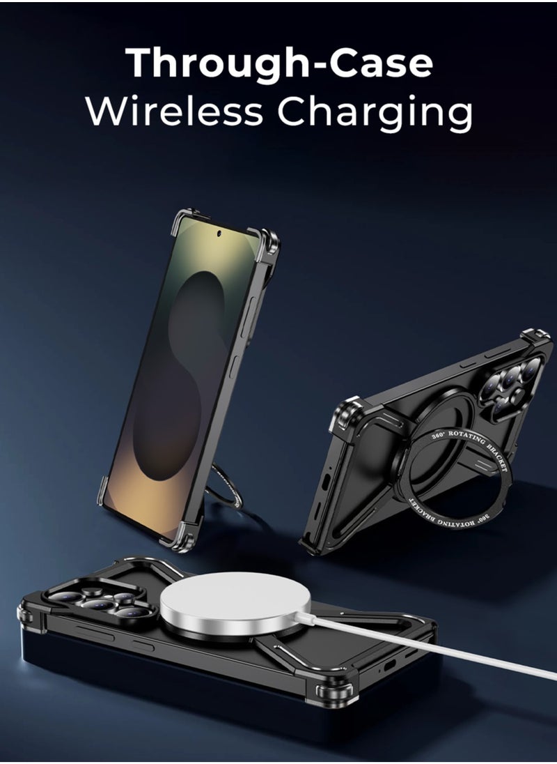glassology - Borderless Aluminum Case for Samsung Galaxy S25 Ultra Titanium Black : Featuring 360° Rotating Adjustable Ring Stand, Magnetic Case, Shockproof Design, and Wireless Charging Compatibility - Image 1