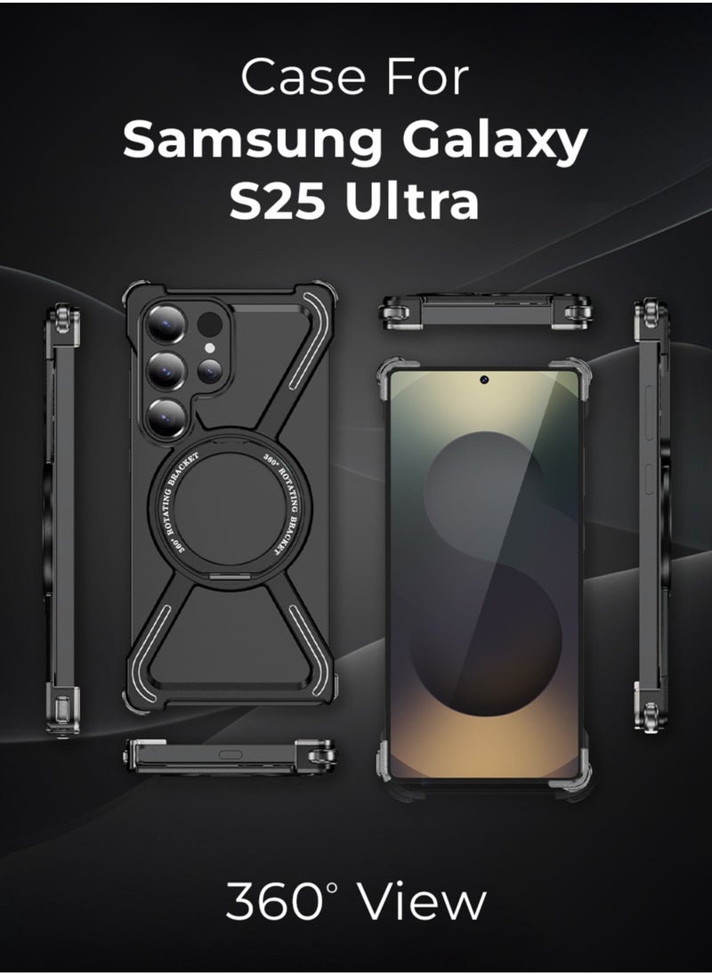 glassology - Borderless Aluminum Case for Samsung Galaxy S25 Ultra Titanium Black : Featuring 360° Rotating Adjustable Ring Stand, Magnetic Case, Shockproof Design, and Wireless Charging Compatibility - Image 1