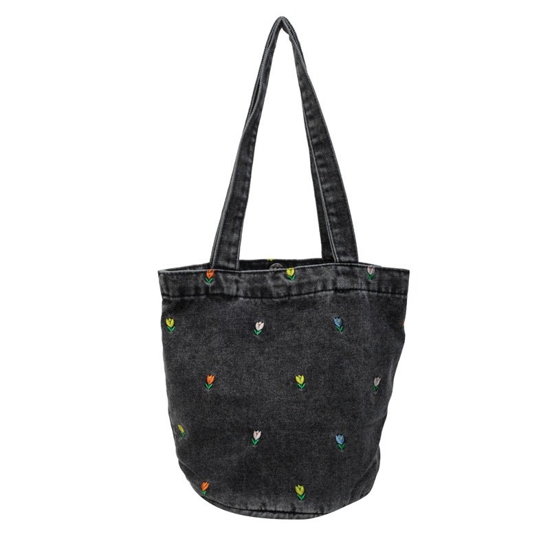 Denim Bucket Bag Large Capacity Women'S Bag 2024 Style Fresh Embroidered Shoulder Bag All-Match Underarm Bag - Image 1