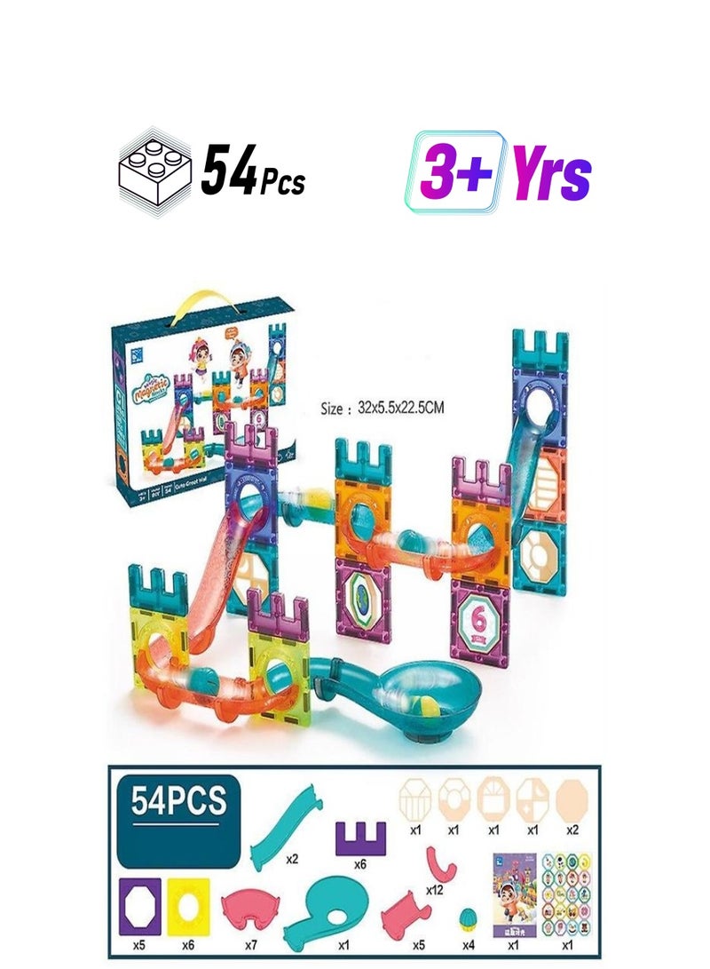 54 Pcs Marble Run Magnetic Tiles Race Track Building Blocks Building Learning Educational Construction Toy Play Set for Kids Gift Boys Girls Ages 3 4 5 6 7 8+ Years Old Toys - Image 1