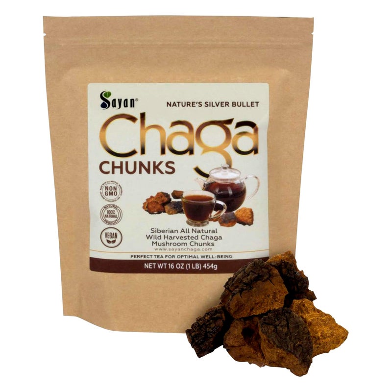 Sayan Siberian Pure Raw Chaga Mushroom Chunks with Black Top Crust 16 Oz 1 lb Premium WildHarvested Antioxidant Tea for Immune Support Focus and Digestive Health NonGMO